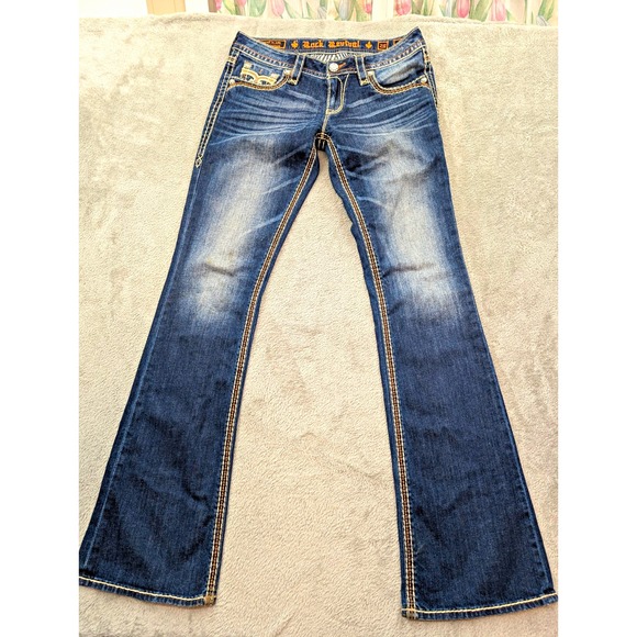 Rock Revival Denim - Rock Revival Womens Bootcut Jeans Blue Medium Wash Denim Embroidered Studded